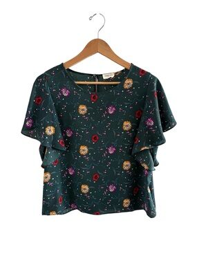Sienna Sky Dark Green Floral Ruffle Sleeve Blouse